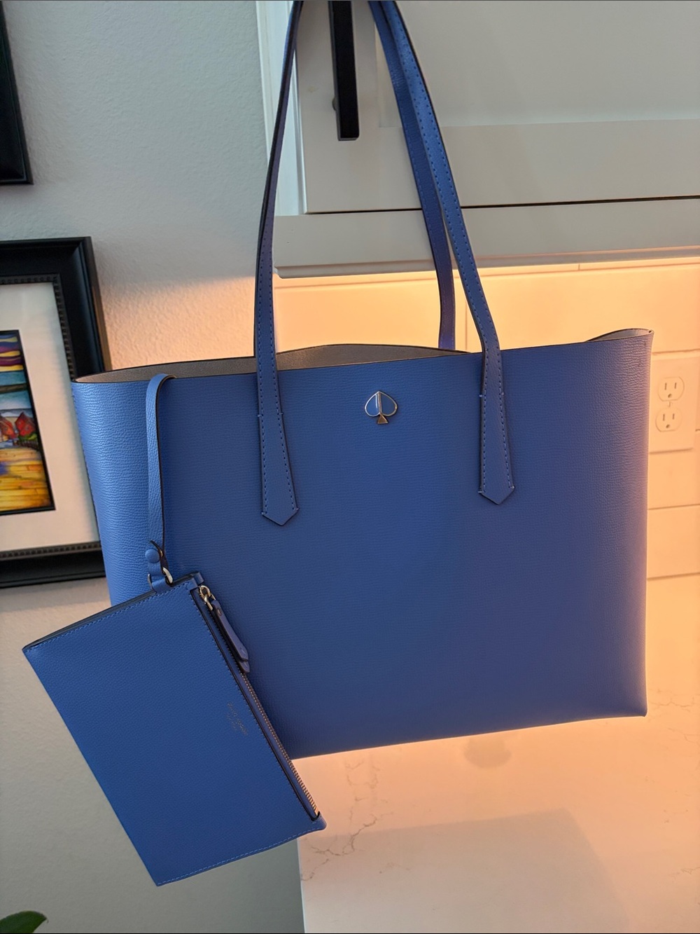 Kate Spade cornflower blue leather tote with detachable wristlet